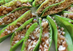 Pecan Stuffed Snow Peas with Smoked Paprika Cream Cheese Filling