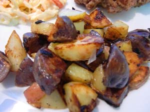 Fried Red, Gold and Purple Potatoes and Onion