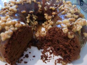 Gluten Free Chocolate Cake Recipe with Caramel Sauce and Nuts