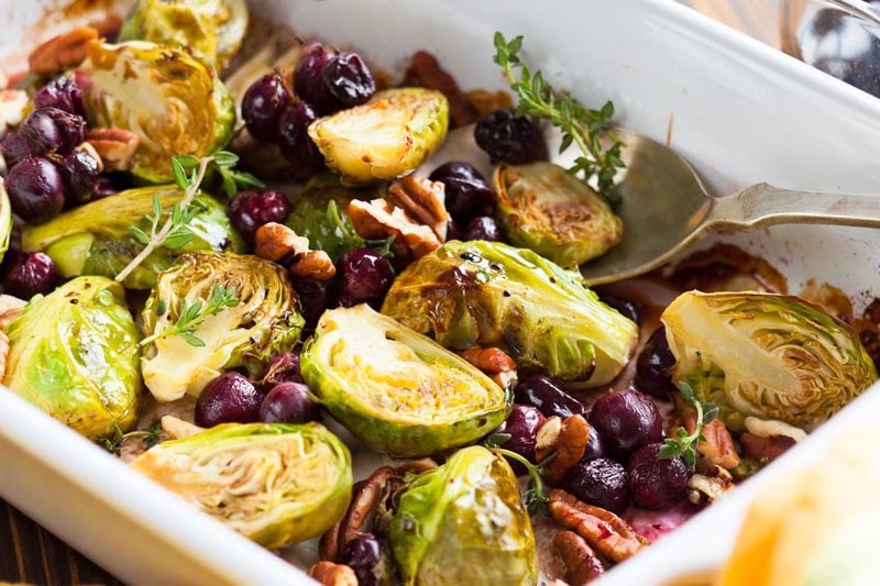 Roasted Brussels Sprouts with Cranberries and Pecans