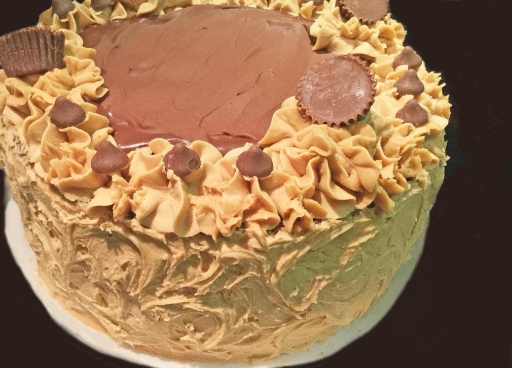 Three-Layer Gluten Free Chocolate Cake with Peanut Butter Frosting