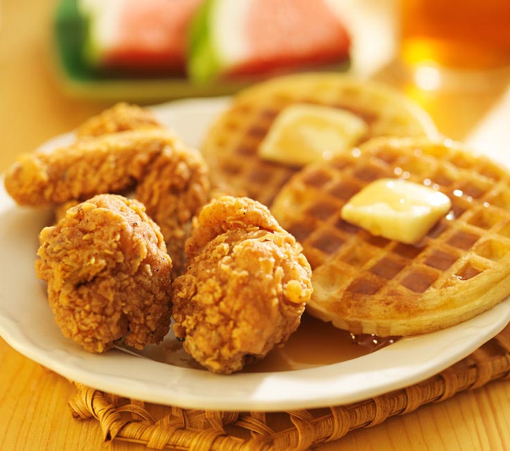 Gluten Free Chicken and Waffles with Butter and Syrup
