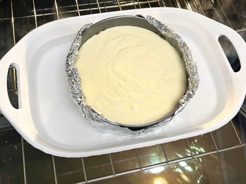 Gluten Free Cheesecake in Water Bath in a Baking Dish
